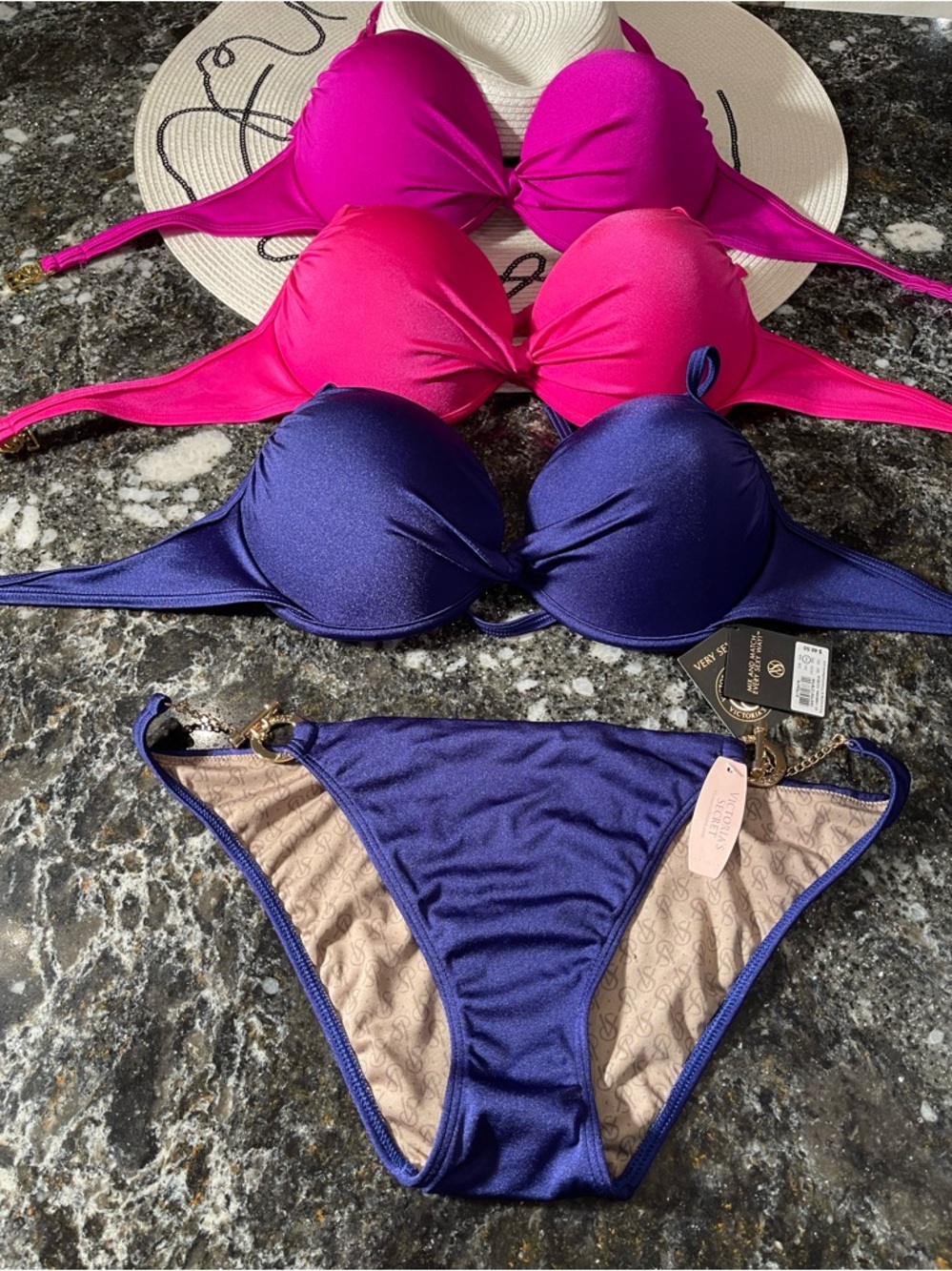 Lot of 3 VS vintage twist push-up bikini tops and one pair of matching bottoms